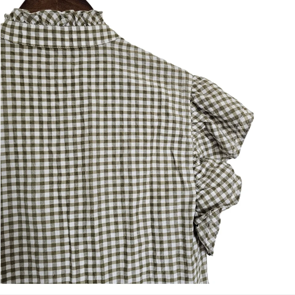 Veronica Beard Gingham Green and White Ruffle Button Shirt XS